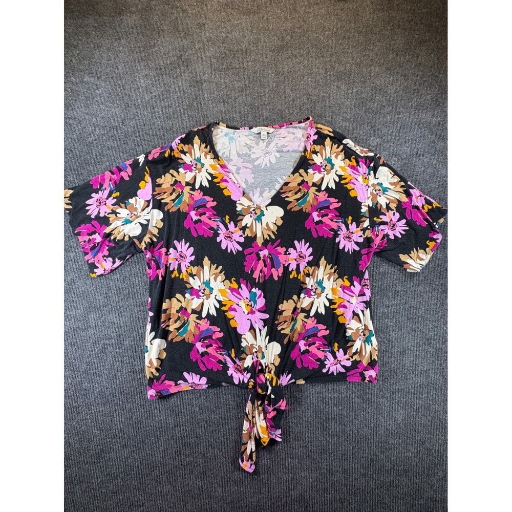 Pioneer Woman Womens 1X Floral V-Neck Front Tie Short Sleeve Top Black 684P8022